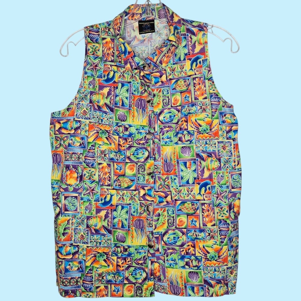 Vintage 90s Toucan Dance Tropical‎ Fish Sea Life Sleeveless Blouse Button Down L